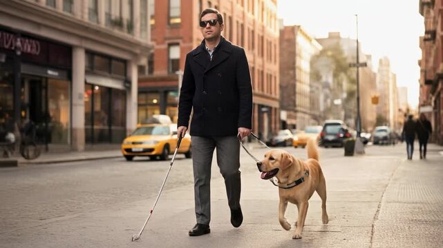 Man with a guide dog walking in the city, showcasing independence and companionship in urban life