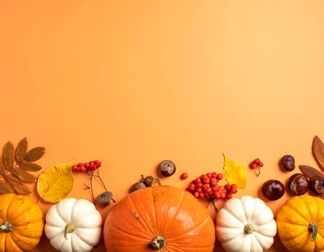 Autumnal arrangement of small gourds, chestnuts, berries, & fallen leaves on a blank orange backdrop with ample headspace
