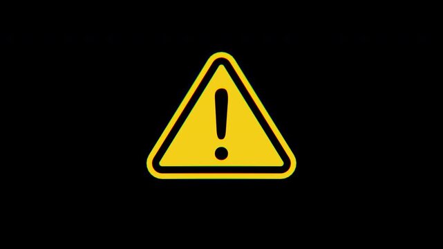 Warning yellow triangle screen sign with glitch defect on transparent background 4K