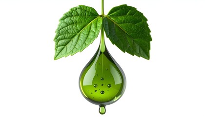 Green liquid droplet hanging from two vibrant green leaves