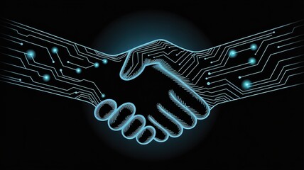 Futuristic digital handshake symbolizing technology partnership and connection