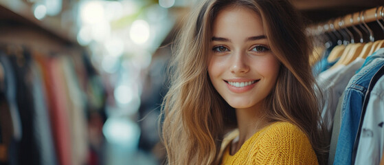 A smiling girl in a yellow jumper stands among clothes in a shop, conveying the joy of shopping — an excellent background for advertising fashion collections or retail promotions.