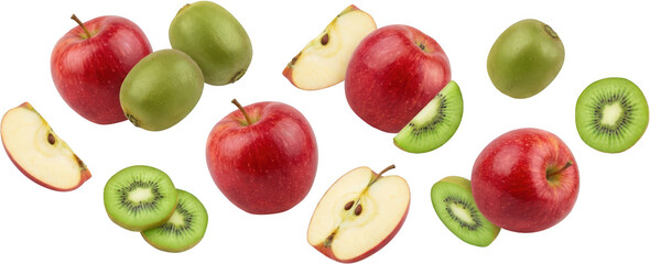 Assortment of fresh red apples and vibrant green kiwis whole and sliced in a dynamic scattered arrangement fruit whole apple sliced apple kiwi slice healthy food fresh fruit transparent background