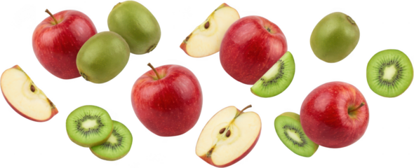 Assortment of fresh red apples and vibrant green kiwis whole and sliced in a dynamic scattered arrangement fruit whole apple sliced apple kiwi slice healthy food fresh fruit transparent background