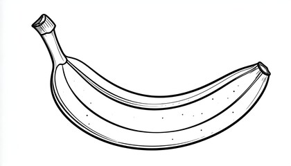 A black and white line drawing of a ripe, curved banana on a white background