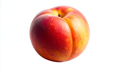 A ripe, red and yellow fruit with a dimple and stem, on white