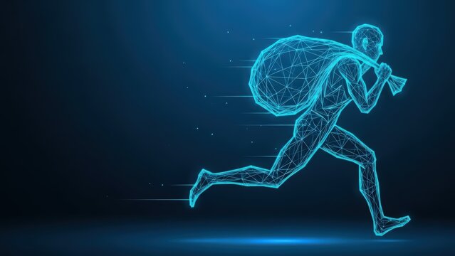 Abstract digital wireframe figure carrying a large bag in a dynamic blue futuristic environment with motion blur representing data theft and cyber crime