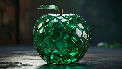 A sparkling, emerald apple composed of geometric facets, topped with a leaf