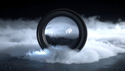 Black camera lens emerging from swirling fog, dramatic lighting