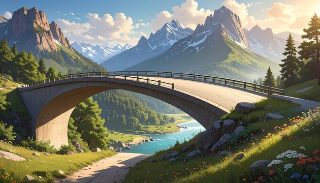 A scenic bridge arching over a river, surrounded by lush green hills, with majestic snow-capped mountains in the background - Powered by Adobe