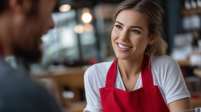 Faceless profile view of hostess in red apron cleaning table as they smile to each other, beautiful smiles, modern coffee house, restaurant service work, defocused faces, with copy space