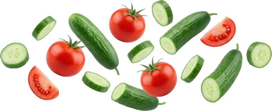 Whole ripe red tomatoes and fresh green cucumbers including sliced pieces arranged in a dynamic organic composition vegetable food healthy ingredient natural salad cuisine transparent background - Powered by Adobe
