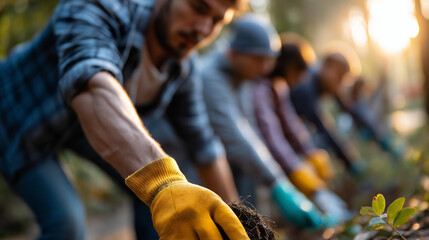 Faceless group of volunteers cleaning up park with early morning light and vibrant colors, photo-realistic style, environmental service, nature conservation work, defocused team, with copy space