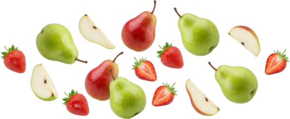 A vibrant assortment of whole and sliced fresh pears and strawberries artfully arranged showcasing a variety of red and green hues fruit healthy food natural organic delicious transparent background