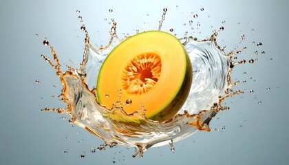 Half cantaloupe submerged in water, creating a splash, on a light blue backdrop
