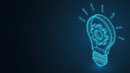 Digital lightbulb with internal gear symbolizing innovation and technological creativity on a dark blue background