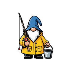 Cartoon Gnome with Fishing Rod and Bucket.