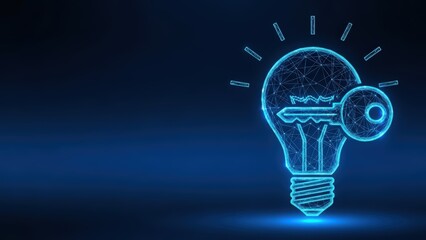Digital lightbulb with key inside radiating light representing innovation and new ideas