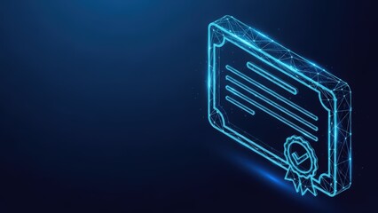 Digital neon blue certificate award with seal and ribbon on dark futuristic background