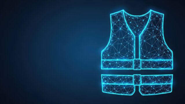 Digital illustration of a glowing blue safety vest with a wireframe polygon mesh on a dark blue background representing technology and protection