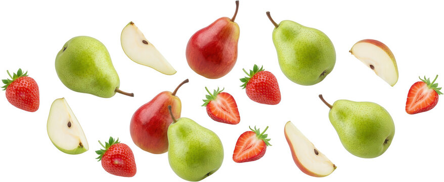 A vibrant assortment of whole and sliced fresh pears and strawberries artfully arranged showcasing a variety of red and green hues fruit healthy food natural organic delicious transparent background - Powered by Adobe