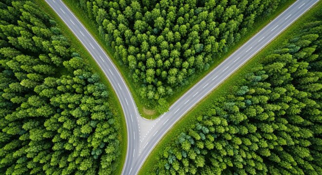 Road to Choice: The aerial view unveils a split road, gracefully weaving through a dense forest, symbolizing a pivotal moment of choice, each path representing a unique direction.