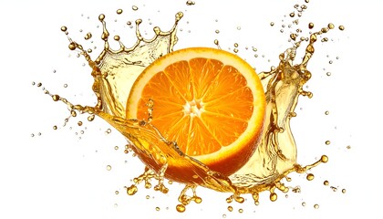Half orange erupts liquid outwards on white, droplets, bright, juicy