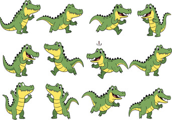 Obraz premium Set of Twelve Green Crocodile Character Mascots with Different Poses, Happy Alligator Cartoon, Wild Animal Illustration, Running, Waving, and Jumping