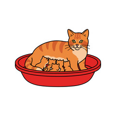 Orange tabby cat nursing her kittens in a red bowl.