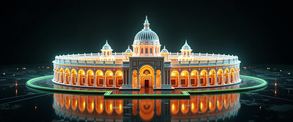 Grand architectural structure illuminated at night reflecting in water, concept of India republic day  