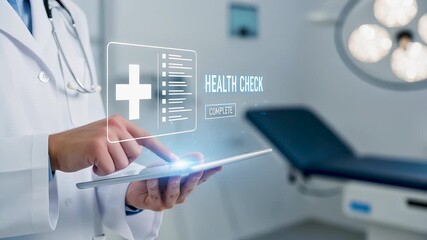 Medical doctor hand with digital tablet electronic health check complete hologram and medical diagnosis checklist verification record data management system - Powered by Adobe