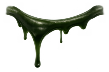 Green slime oozing with drips, having a glossy texture, ready for abstract design projects. Isolated on a transparent background