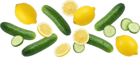 Vibrant yellow lemons and fresh green cucumbers are scattered with sliced cucumber rounds interspersed among whole fruits vegetable healthy food nature organic ingredient transparent background