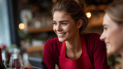 Faceless profile view of hostess in red apron cleaning table as they smile to each other, beautiful smiles, restaurant service interaction, hospitality work, defocused faces, with copy space
