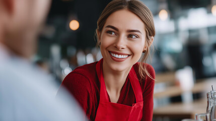 Faceless profile view of hostess in red apron cleaning table as they smile to each other, beautiful smiles, restaurant service interaction, hospitality work, defocused faces, with copy space