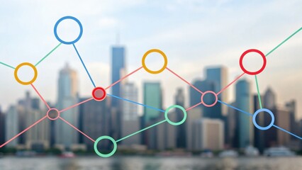 A blurry city skyline with colorful data points and connections overlaying it, symbolizing analytics and urban development.