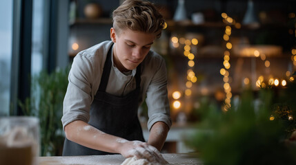 Faceless young baker in apron with flour in cozy kitchen setting, teen boy cleaning, culinary youth in workspace, food preparation environment, defocused young person, with copy space
