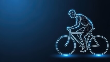 Fototapeta premium Stylized digital illustration of a cyclist riding a bicycle with a neon blue wireframe outline against a dark background