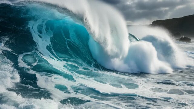 Stunning ocean wave crashing against the shore under a dramatic sky, perfect for nature enthusiasts and beach lovers.