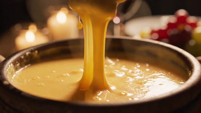 Velvety cheese fondue glows in a rustic pot as a fork lifts a gooey bite amid candlelight. warm glow