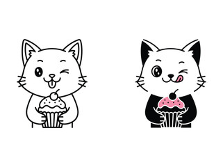Obraz premium Cartoon cat enjoying cupcakes with delight