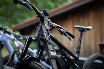 Mountain bikes secured transport, adventure awaits.