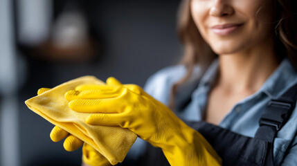Faceless woman holding cleaning gloves, household maintenance preparation, domestic work readiness, cleaning supply display, janitorial equipment, defocused hands with rubber gloves, with copy