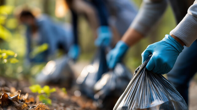 Faceless group of volunteers helping to keep nature clean by collecting garbage into plastic bag, environmental stewardship, ecological conservation work, outdoor cleanup service, defocused - Powered by Adobe