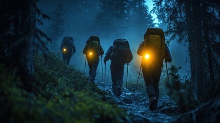 Hikers on a misty mountain trail at night