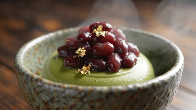 Steaming green matcha dessert in a speckled ceramic bowl, topped with glossy red beans and gold leaf