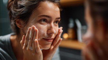 Faceless daily facial care in mirror, skincare routine visualization, personal hygiene practice, beauty regimen activity, face cleansing moment, defocused person at reflection, with copy space