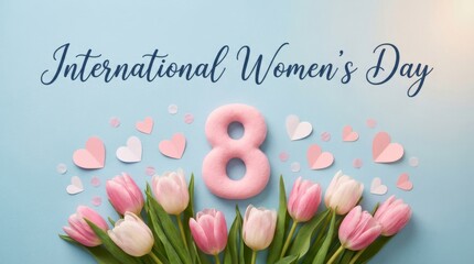 A pink and white flower arrangement with the number 8 in the middle. The image is titled International Women's Day