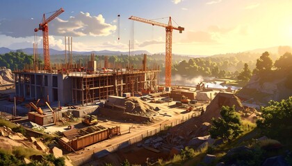 A scenic construction site at sunset features towering cranes, half-built structures, and a river winding through the background