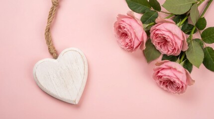 A white heart is hanging from a rope and is surrounded by three pink roses. Concept of love and romance, as the heart symbolizes affection and the roses are a classic symbol of love and beauty